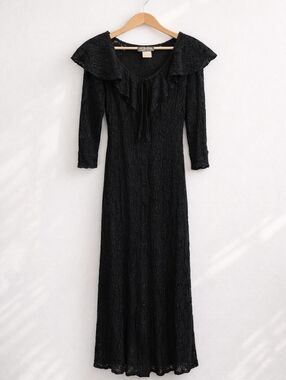 All That Jazz~VTG 80s~Black Lace~Button Maxi Dress~Whimsygoth~Ruffled Collar~7/8